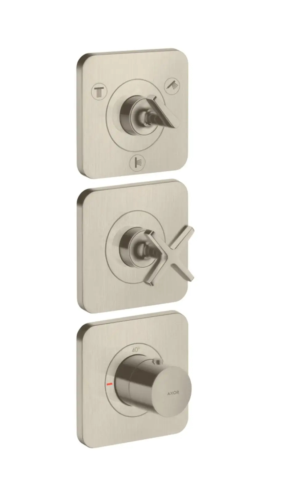 Thermostatmodul für die Wandmontage mit drei Steuerknöpfen und quadratischen Rosetten in gebürstetem Nickel, gestaltet von AXOR.